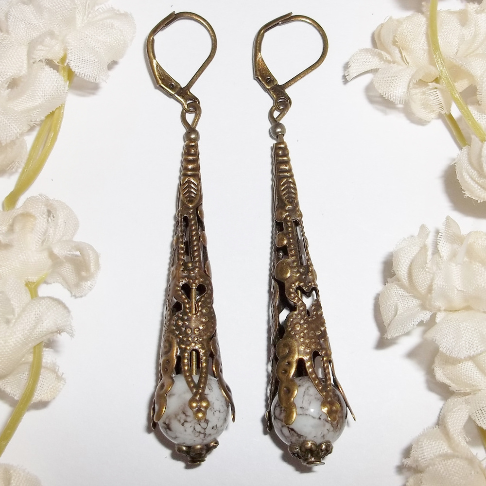 Very Long Bronze White & Brown Earrings NWT 4867